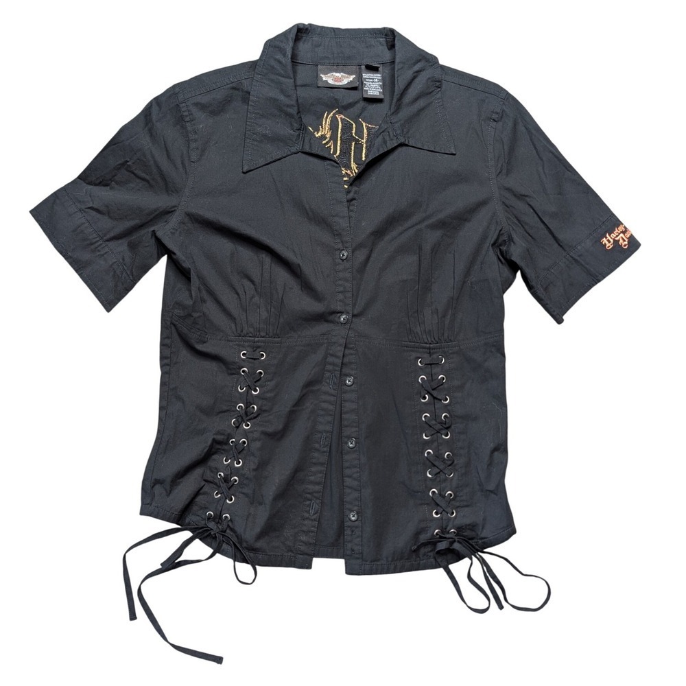 Harley Davidson Small Black Button Up Short Sleeve Lace Up‎ Blouse Top
